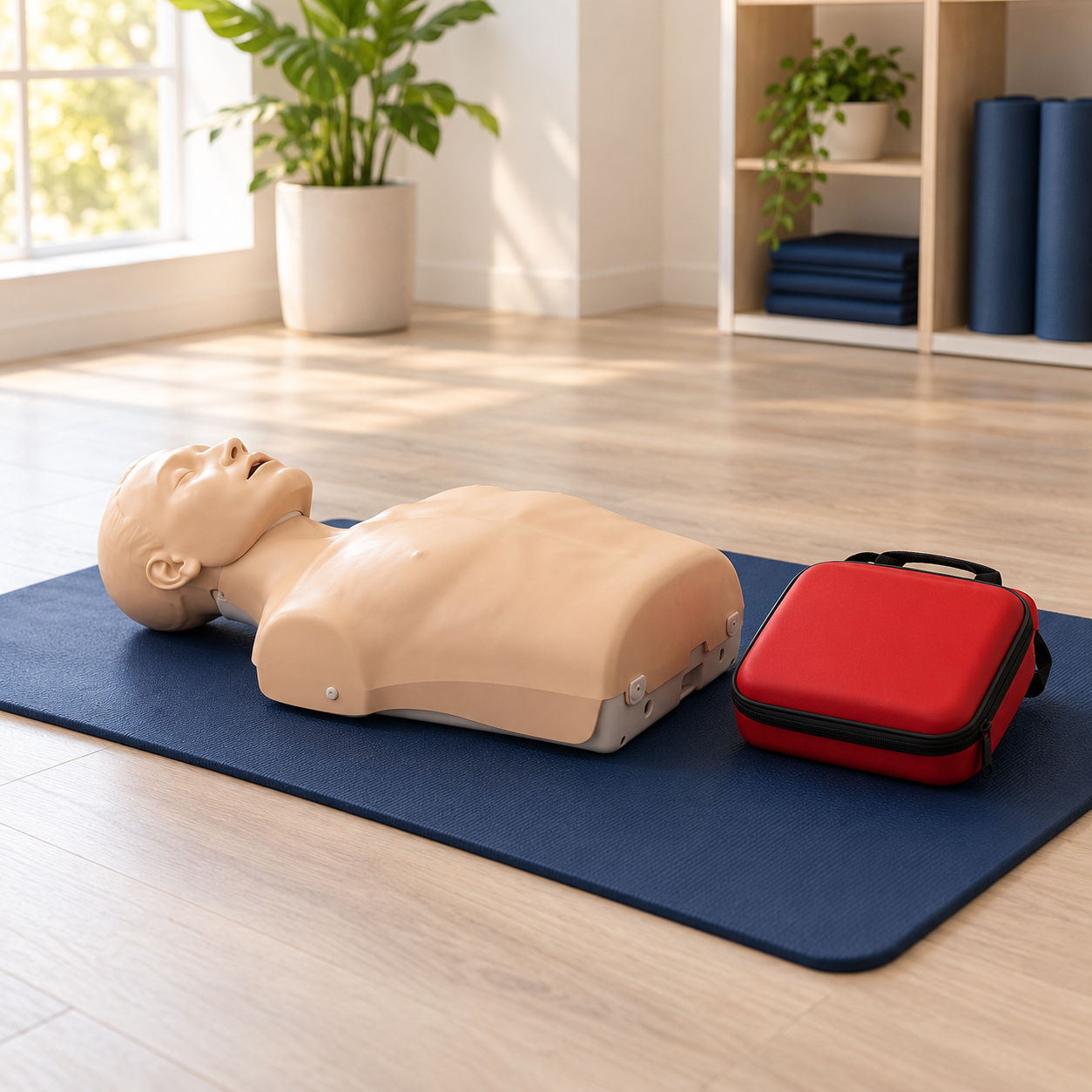CPR training manikin and equipment case on a practice mat